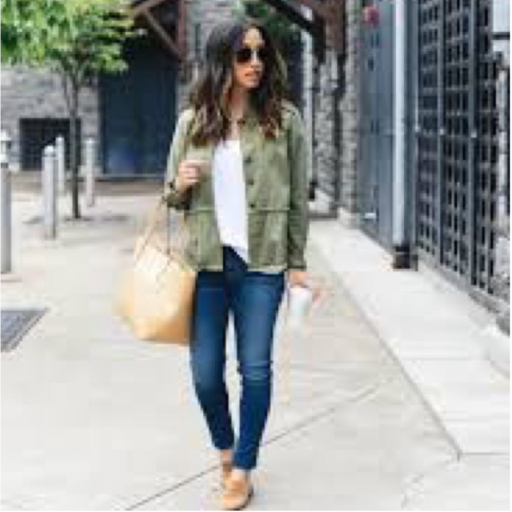 * Caslon Utility Jacket Green Petite Large Frayed Details Shoulders Peplum -*